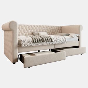 Cama de solteiro de linho 90x200cm com 2 gavetas,bege