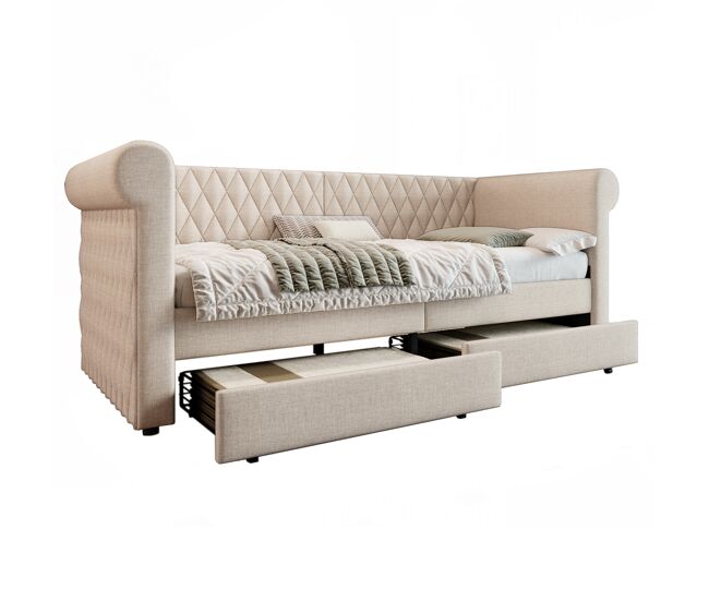 Cama individual de lino 90x200cm con 2 cajones,beige