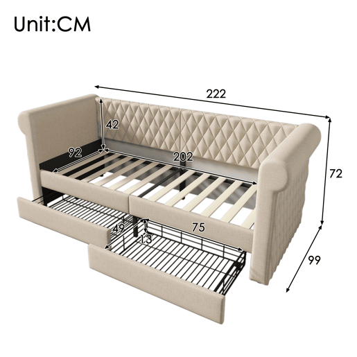 Cama de solteiro de linho 90x200cm com 2 gavetas,bege
