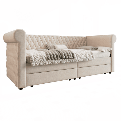 Cama de solteiro de linho 90x200cm com 2 gavetas,bege