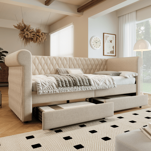 Cama de solteiro de linho 90x200cm com 2 gavetas,bege