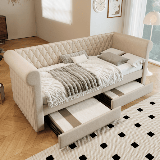 Cama de solteiro de linho 90x200cm com 2 gavetas,bege