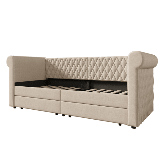 Cama de solteiro de linho 90x200cm com 2 gavetas,bege