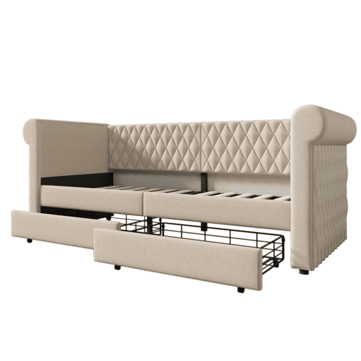 Cama de solteiro de linho 90x200cm com 2 gavetas,bege