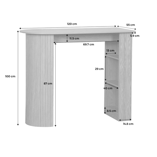 Mesa alta de cozinha decorada em madeira com armazenamento, Wallis, Natural, 120x55x100 cm