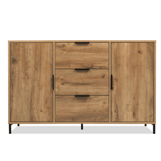 Aparador efeito madeira carvalho escuro estilo industrial 2 portas 3 gavetas 120x40x76cm Aparador efeito madeira carvalho escuro estilo industrial 2 portas 3 gavetas 120x40x76cm