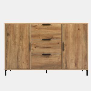 Aparador efeito madeira carvalho escuro estilo industrial 2 portas 3 gavetas 120x40x76cm
