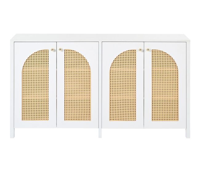 Elegante aparador de ratán blanco con 4 puertas.