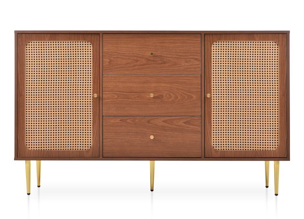 Cómoda efecto madera con 2 puertas y 3 cajones de ratán