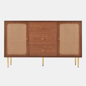 Cómoda efeito madeira nogueira com 2 portas e 3 gavetas em verga, pés e puxadores dourados 150*90*40cm
