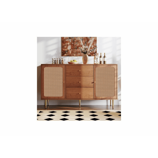 Cómoda efeito madeira nogueira com 2 portas e 3 gavetas em verga, pés e puxadores dourados 150*90*40cm
