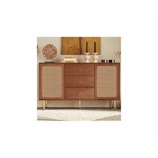 Cómoda efeito madeira nogueira com 2 portas e 3 gavetas em verga, pés e puxadores dourados 150*90*40cm