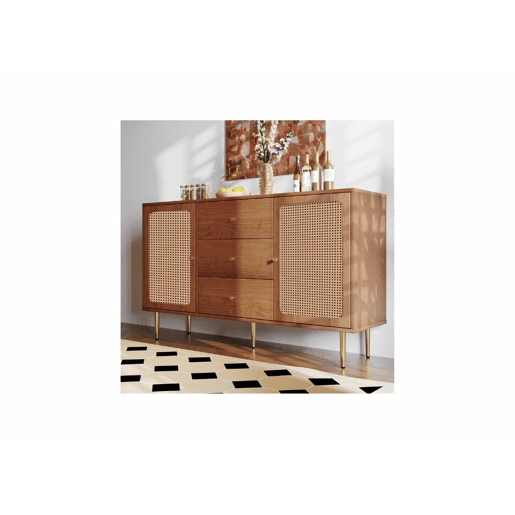 Cómoda efeito madeira nogueira com 2 portas e 3 gavetas em verga, pés e puxadores dourados 150*90*40cm