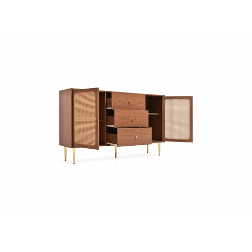 Cómoda efeito madeira nogueira com 2 portas e 3 gavetas em verga, pés e puxadores dourados 150*90*40cm