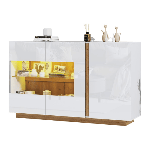 Aparador branco brilhante com vidro, 3 portas e iluminação LED 138*38*90,5cm
