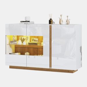 Aparador branco brilhante com vidro, 3 portas e iluminação LED 138*38*90,5cm