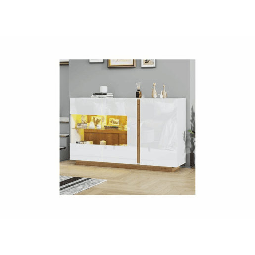 Aparador branco brilhante com vidro, 3 portas e iluminação LED 138*38*90,5cm