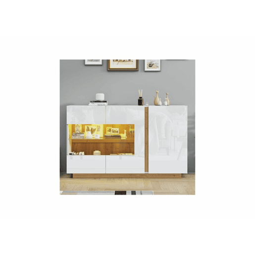 Aparador branco brilhante com vidro, 3 portas e iluminação LED 138*38*90,5cm