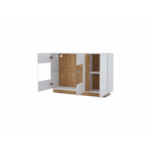 Aparador branco brilhante com vidro, 3 portas e iluminação LED 138*38*90,5cm