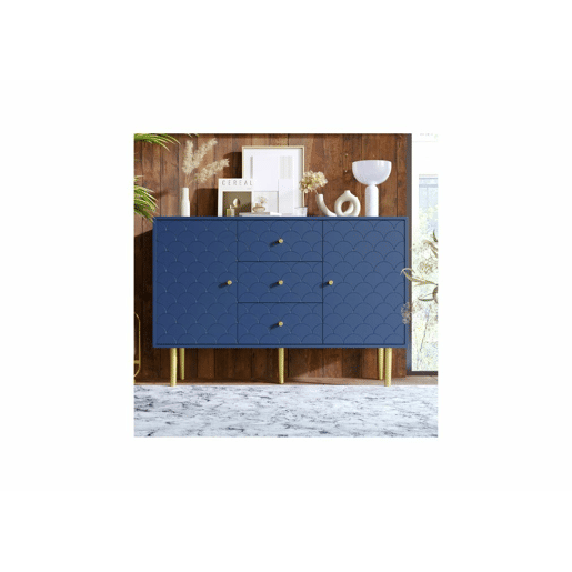 Cómoda alta com 2 portas e 3 gavetas em azul marinho com padrão de escamas H82L120P40