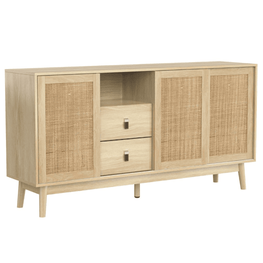Aparador efeito madeira com 3 portas de correr em rattan e 2 gavetas 155x38x80cm
