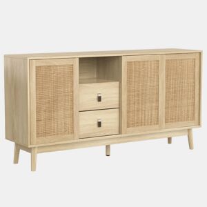 Aparador efeito madeira com 3 portas de correr em rattan e 2 gavetas 155x38x80cm