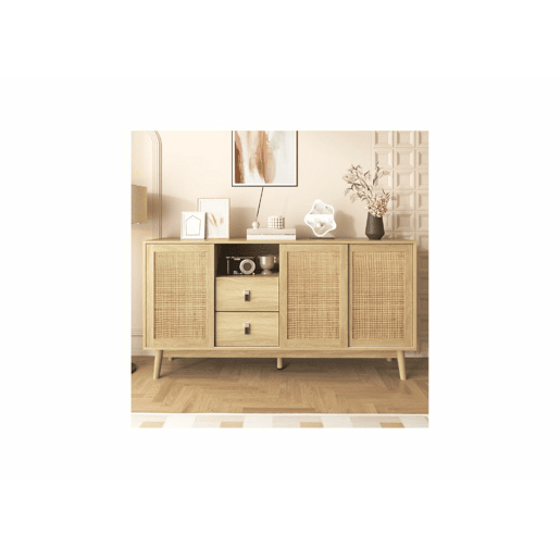Aparador efeito madeira com 3 portas de correr em rattan e 2 gavetas 155x38x80cm