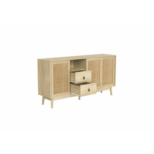 Aparador efeito madeira com 3 portas de correr em rattan e 2 gavetas 155x38x80cm