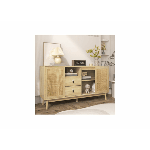 Aparador efeito madeira com 3 portas de correr em rattan e 2 gavetas 155x38x80cm