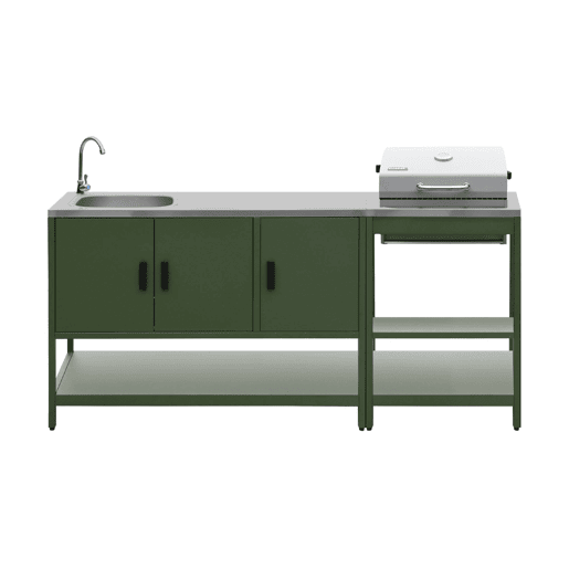 Cozinha exterior aço inoxidável churrasqueira a carvão com pia, 2 módulos, Naxos, Verde, 60x58.5x138 cm