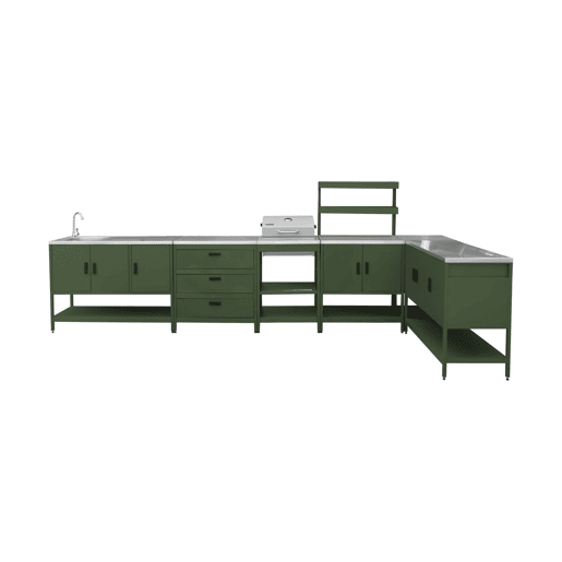Cozinha externa 6 módulos aço inoxidável com churrasqueira a carvão, Naxos churrasco a carvão + 5 módulos, Verde, 60x58.5x138 cm