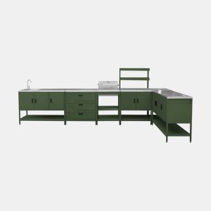 Cozinha externa 6 módulos aço inoxidável com churrasqueira a carvão, Naxos churrasco a carvão + 5 módulos, Verde, 60x58.5x138 cm
