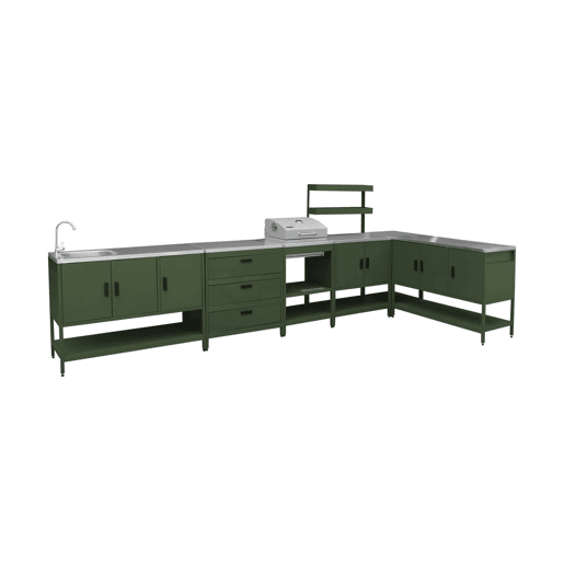 Cozinha externa 6 módulos aço inoxidável com churrasqueira a carvão, Naxos churrasco a carvão + 5 módulos, Verde, 60x58.5x138 cm