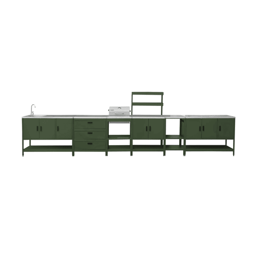 Cozinha externa 6 módulos aço inoxidável com churrasqueira a carvão, Naxos churrasco a carvão + 5 módulos, Verde, 60x58.5x138 cm