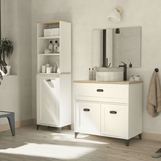 Armário de banheiro estilo nórdico Siena em branco suave e carvalho cambriano com 1 gaveta e 2 portas (pia de cerâmica)