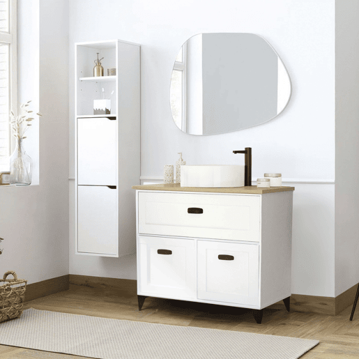 Armário de banheiro estilo nórdico Siena em branco suave e carvalho cambriano com 1 gaveta e 2 portas (pia de cerâmica)