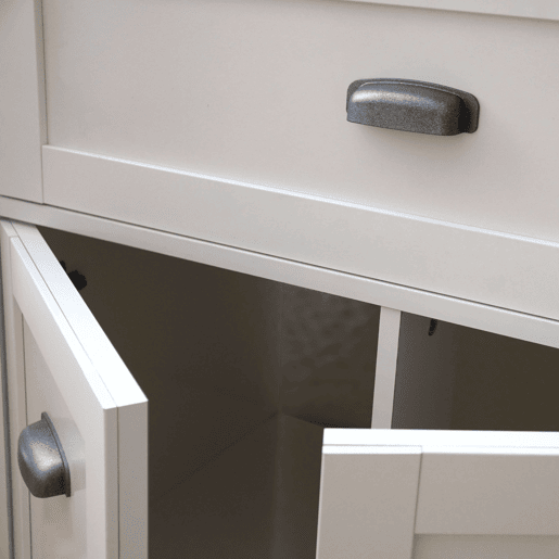 Armário de banheiro estilo nórdico Siena em branco suave e carvalho cambriano com 1 gaveta e 2 portas (pia de cerâmica)