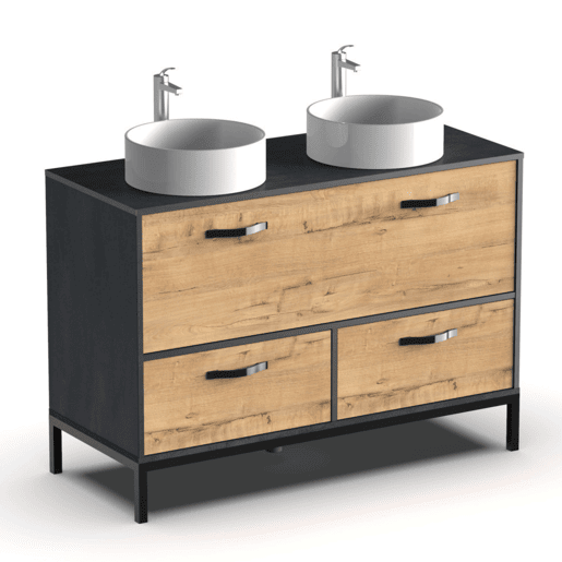 Móvel de banheiro duplo Sena estilo industrial em carvalho dourado e preto com 2 gavetas, 1 porta e pés 120x92x50 cm (pia de cerâmica)