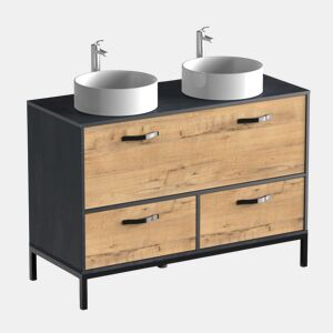 Móvel de banheiro duplo Sena estilo industrial em carvalho dourado e preto com 2 gavetas, 1 porta e pés 120x92x50 cm (pia de cerâmica)