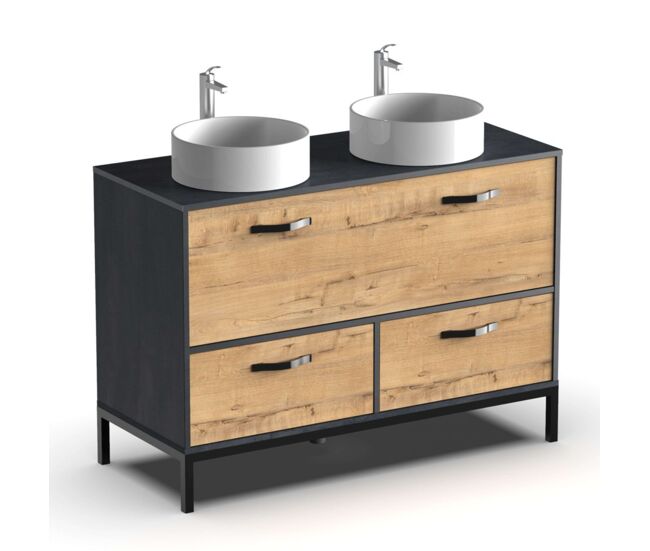 Mueble de baño doble sena estilo industrial en color roble gold y negro con 2 cajones, 1 puerta y patas 120x92x50 cm (lavabo opcional)