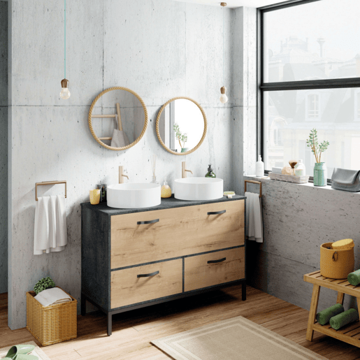 Móvel de banheiro duplo Sena estilo industrial em carvalho dourado e preto com 2 gavetas, 1 porta e pés 120x92x50 cm (pia de cerâmica)