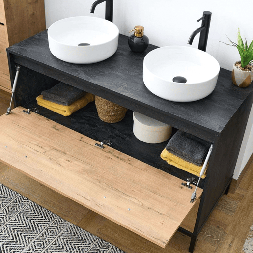 Móvel de banheiro duplo Sena estilo industrial em carvalho dourado e preto com 2 gavetas, 1 porta e pés 120x92x50 cm (pia de cerâmica)