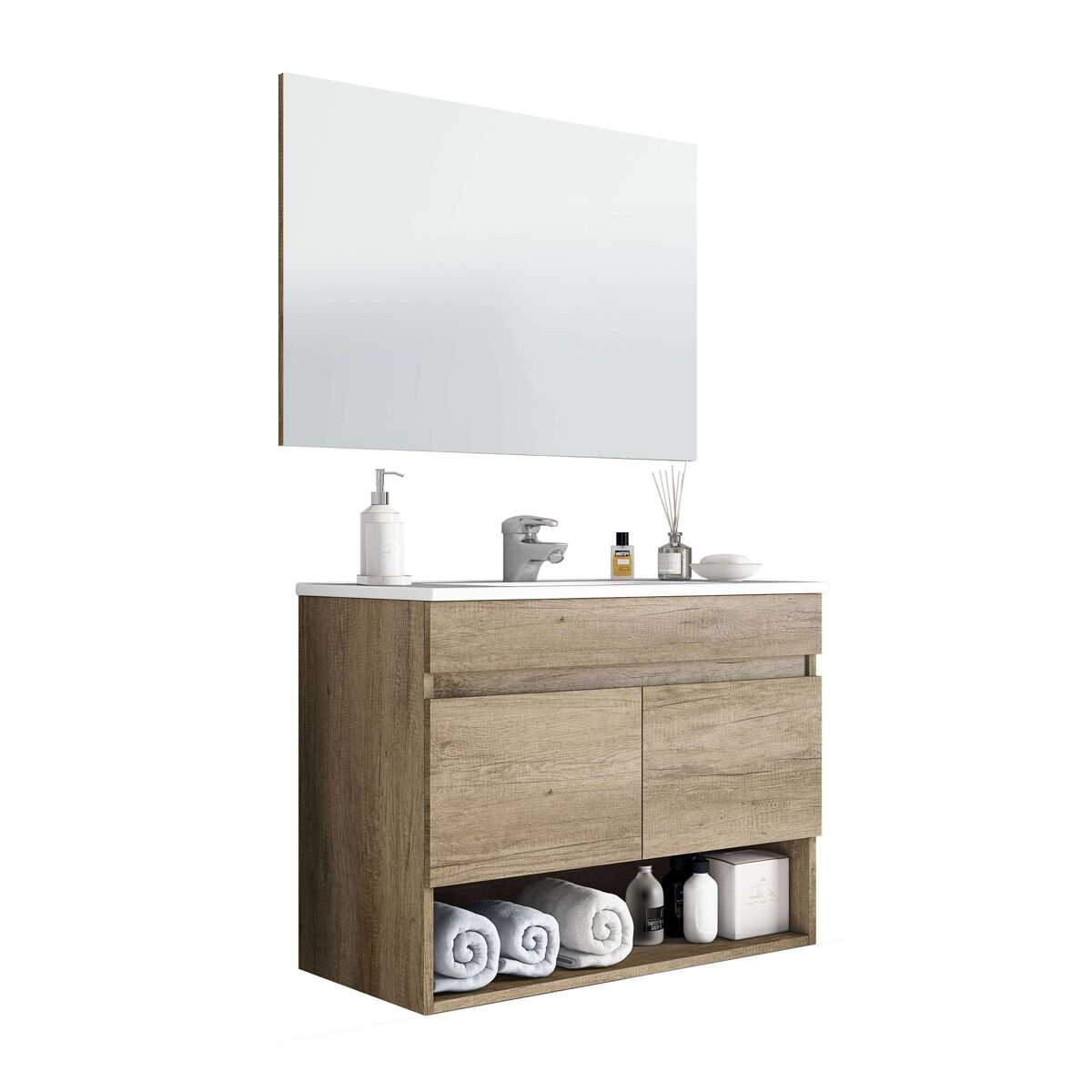 Mueble de baño estilo natural en color roble nordik con 1 hueco de almacenamiento y 2 puertas 80x64x45 cm (lavabo opcional)