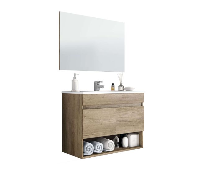 Mueble de baño estilo natural en color roble nordik con 1 hueco de almacenamiento y 2 puertas 80x64x45 cm (lavabo opcional)