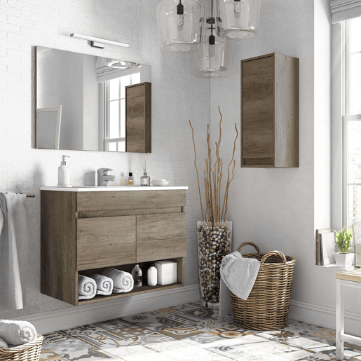 Móvel de banheiro estilo natural na cor carvalho Nordik com 1 espaço de armazenamento e 2 portas 80x64x45 cm (pia de cerâmica)