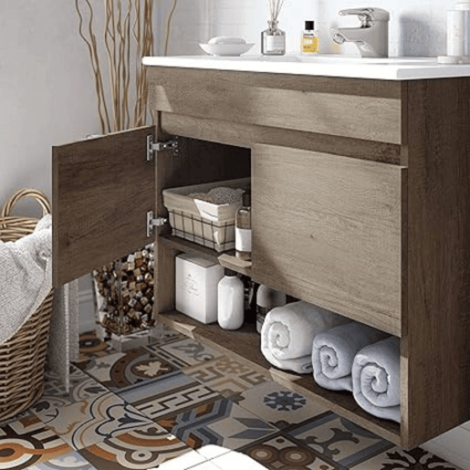 Móvel de banheiro estilo natural na cor carvalho Nordik com 1 espaço de armazenamento e 2 portas 80x64x45 cm (pia de cerâmica)