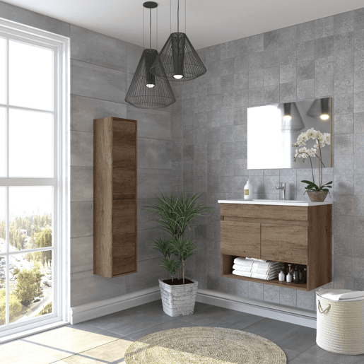 Móvel de banheiro estilo natural na cor carvalho Nordik com 1 espaço de armazenamento e 2 portas 80x64x45 cm (pia de cerâmica)