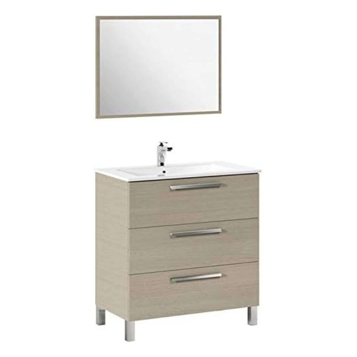 Mueble de baño taria estilo natural en color roble claro con 3 cajones, patas y espejo 80x86x45 cm (lavabo opcional)
