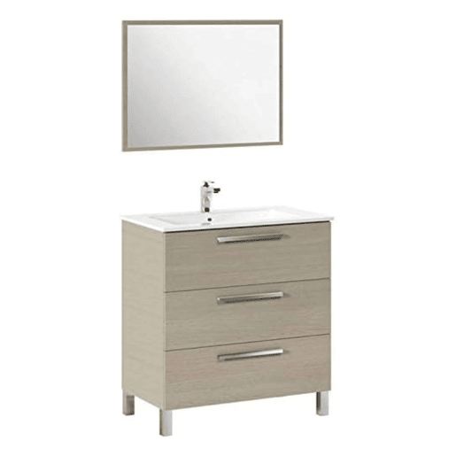 Móvel de banheiro Taria Natural Style em carvalho claro com 3 gavetas, pés e espelho 80x86x45 cm (pia de cerâmica)