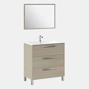 Móvel de banheiro Taria Natural Style em carvalho claro com 3 gavetas, pés e espelho 80x86x45 cm (pia de cerâmica)